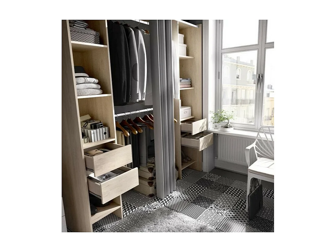 Vestidor extensible con cortina + 4 cajones - Decoración roble natural 180-113 x 50 x Alto 205 cm