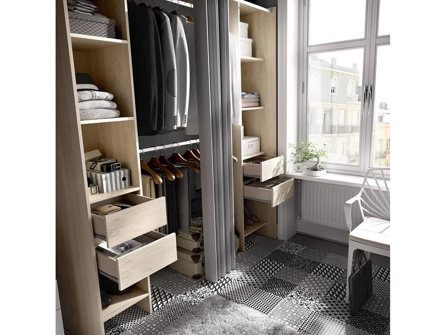 Vestidor extensible con cortina + 4 cajones - Decoración roble natural 180-113 x 50 x Alto 205 cm