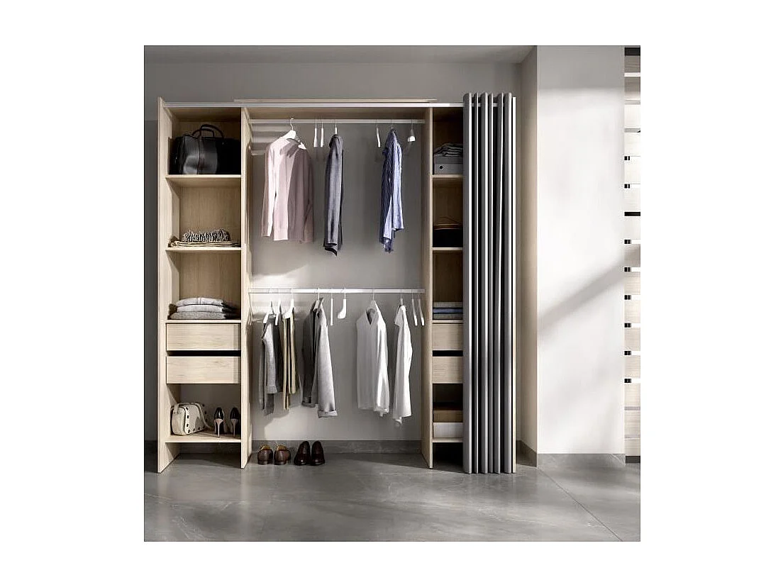 Vestidor extensible con cortina + 4 cajones - Decoración roble natural 180-113 x 50 x Alto 205 cm