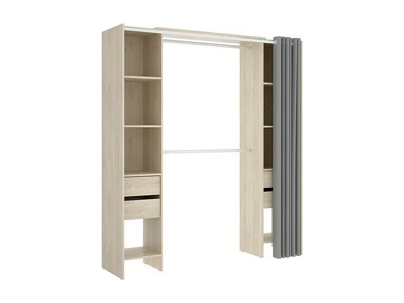 Vestidor extensible con cortina + 4 cajones - Decoración roble natural 180-113 x 50 x Alto 205 cm
