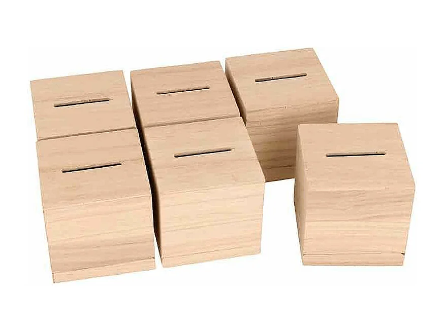 Set de 6 tirelires carrées en bois - 6 x 6 x 6 cm