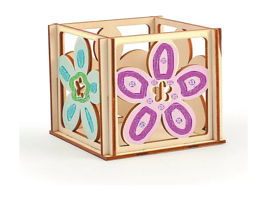 Houten theelichthouder om te decoreren - Bloemen - 10 x 10 x 6 cm