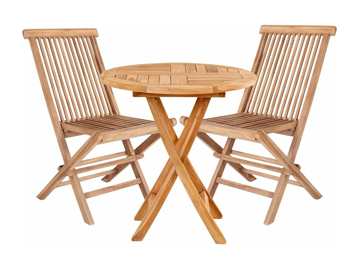 Table de jardin Ø 70 cm + 2 chaises en teck