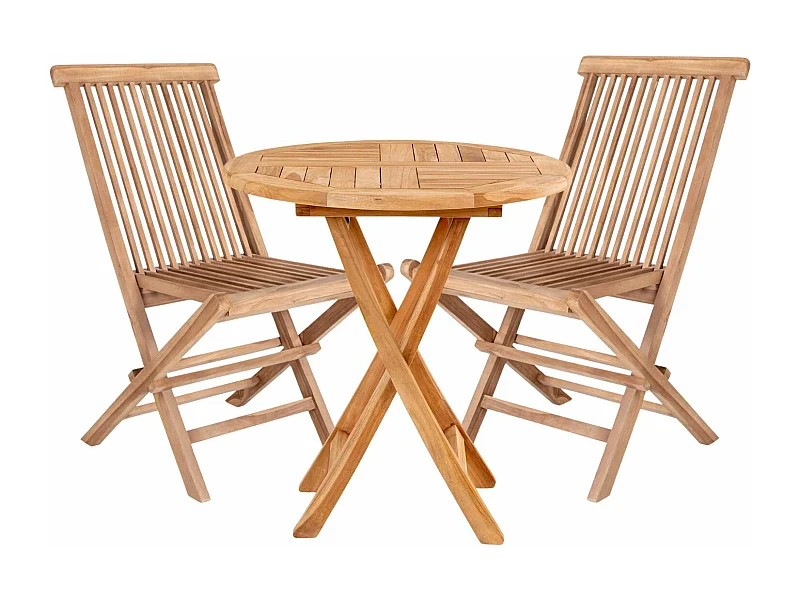 Table de jardin Ø 70 cm + 2 chaises en teck