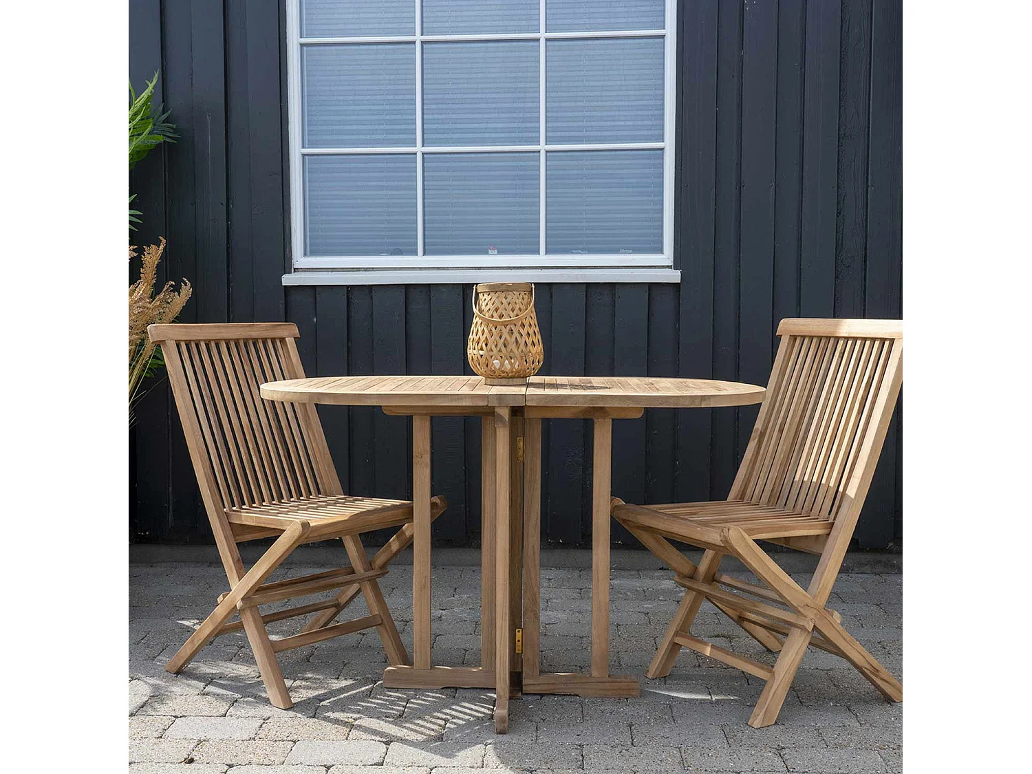 Mesa de jardín de 120 cm + 2 sillones de teca