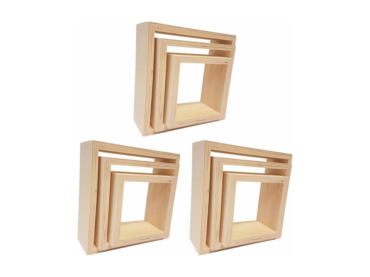 3 blocs de 3 petites étagères carrées en bois 22, 18 et 14 cm