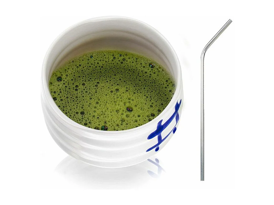 Japanse Chawan Ceremoniële Kom Wit + 4 RVS Rietjes