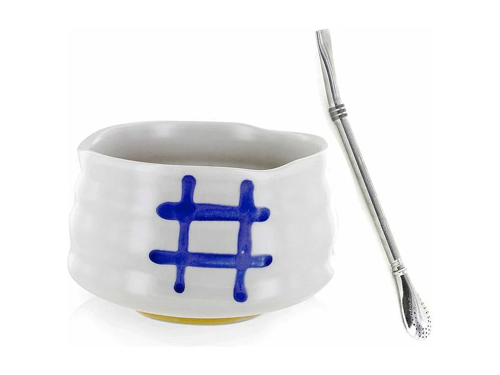 Japanische Schüssel Chawan Weiß + Edelstahlstrohhalm mit Filter