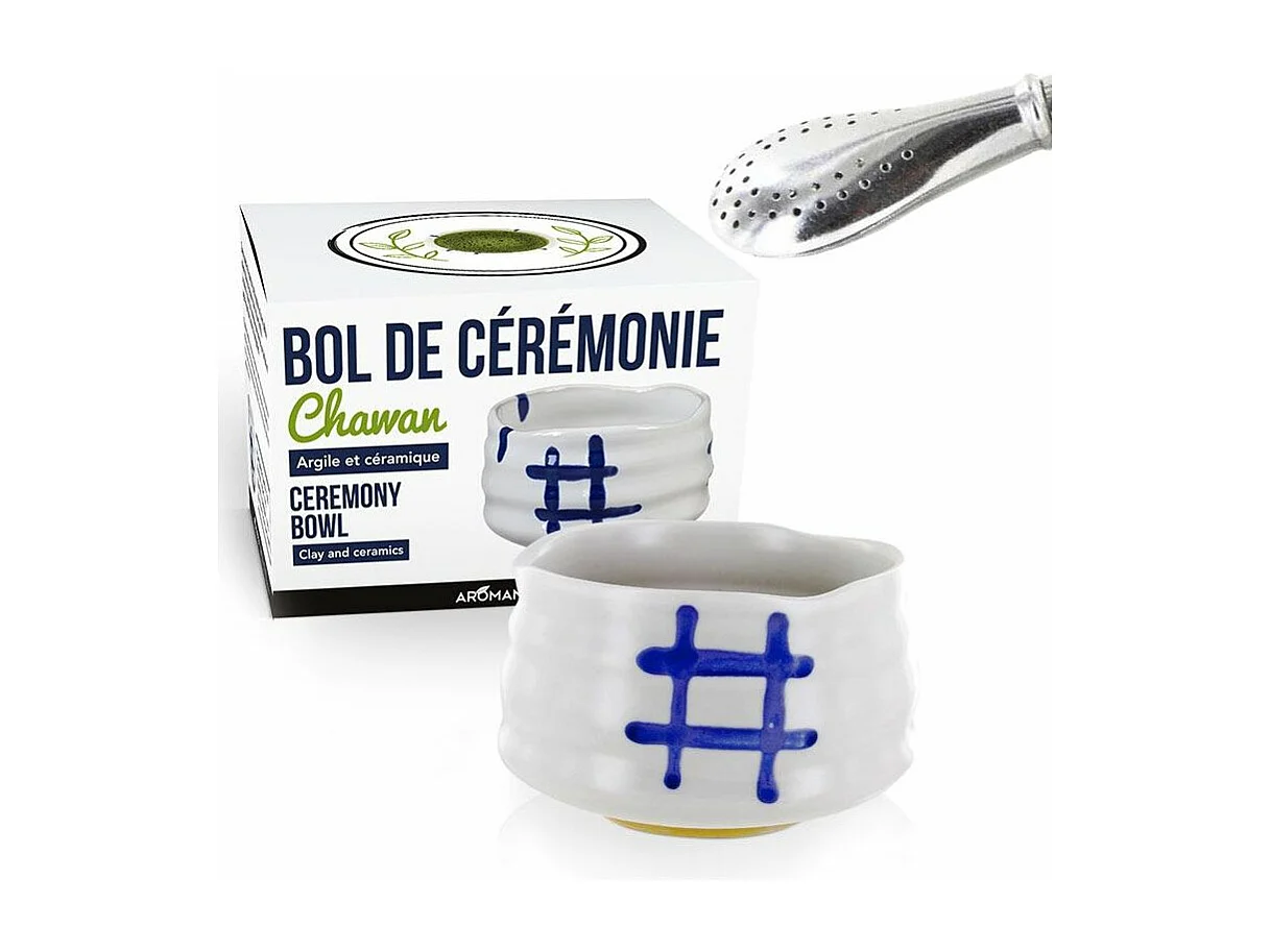 Bol de cérémonie japonais Chawan Blanc + paille inox avec filtre