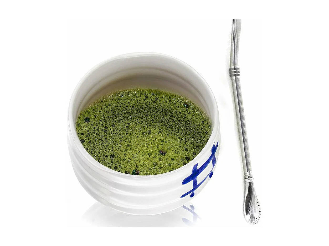 Bol de cérémonie japonais Chawan Blanc + paille inox avec filtre