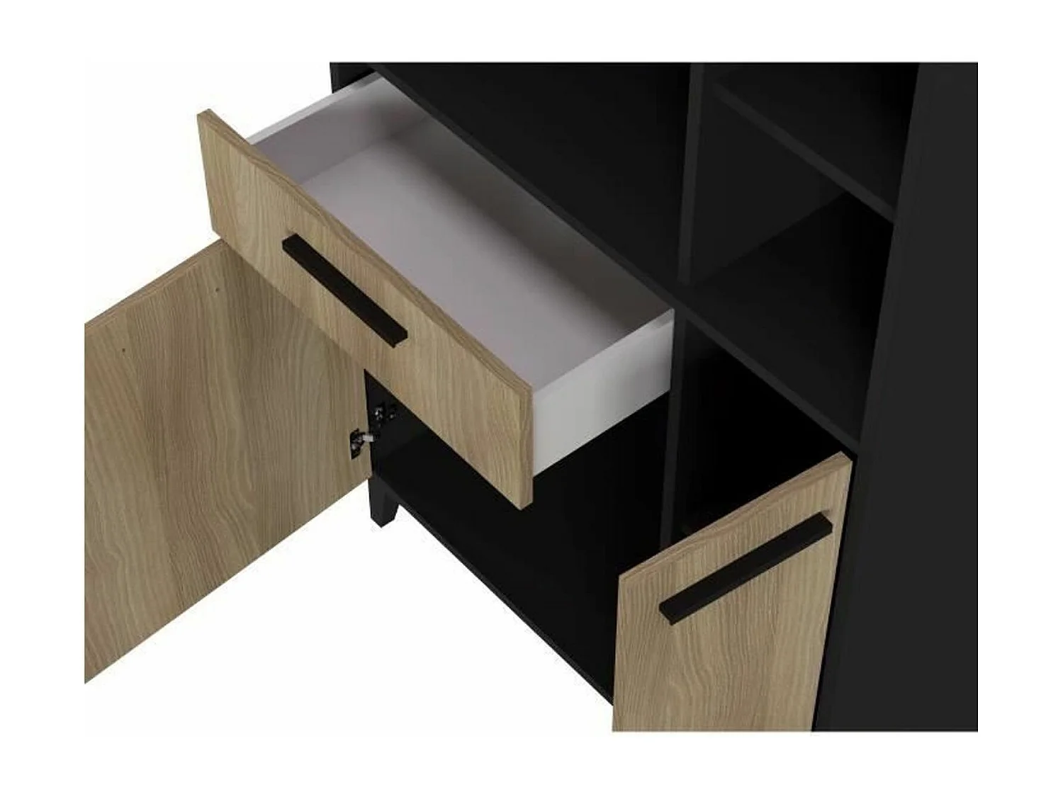 Buffet haut de cuisine - 3 portes et 1 tiroir - Mélamine chêne et noir - 80 x 40 x 178 cm