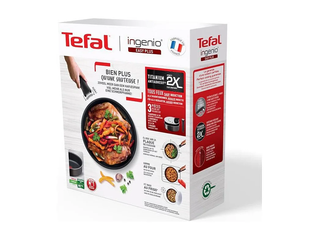 TEFA3 piezas, Sartén 24 cm + Tapa + Asa, No inducción, Antiadherente