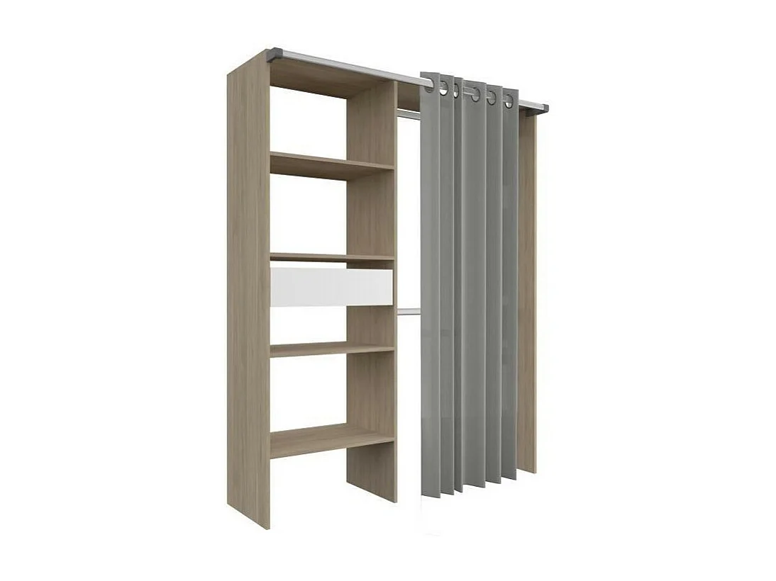 Amenagement de placard avec rideau - Decor Chene - 1 tiroir - L 143,5 X P 48 X H 181,9 cm - BARI