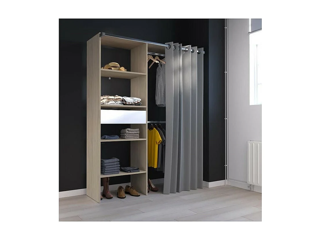 Amenagement de placard avec rideau - Decor Chene - 1 tiroir - L 143,5 X P 48 X H 181,9 cm - BARI