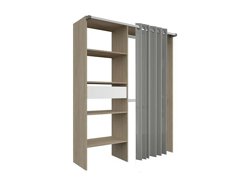 Amenagement de placard avec rideau - Decor Chene - 1 tiroir - L 143,5 X P 48 X H 181,9 cm - BARI