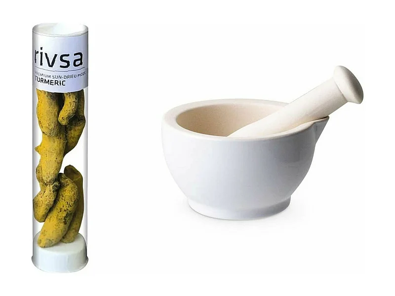 Mörser und Stößel aus weißem Sandstein + KurkumaRhizom 30 g