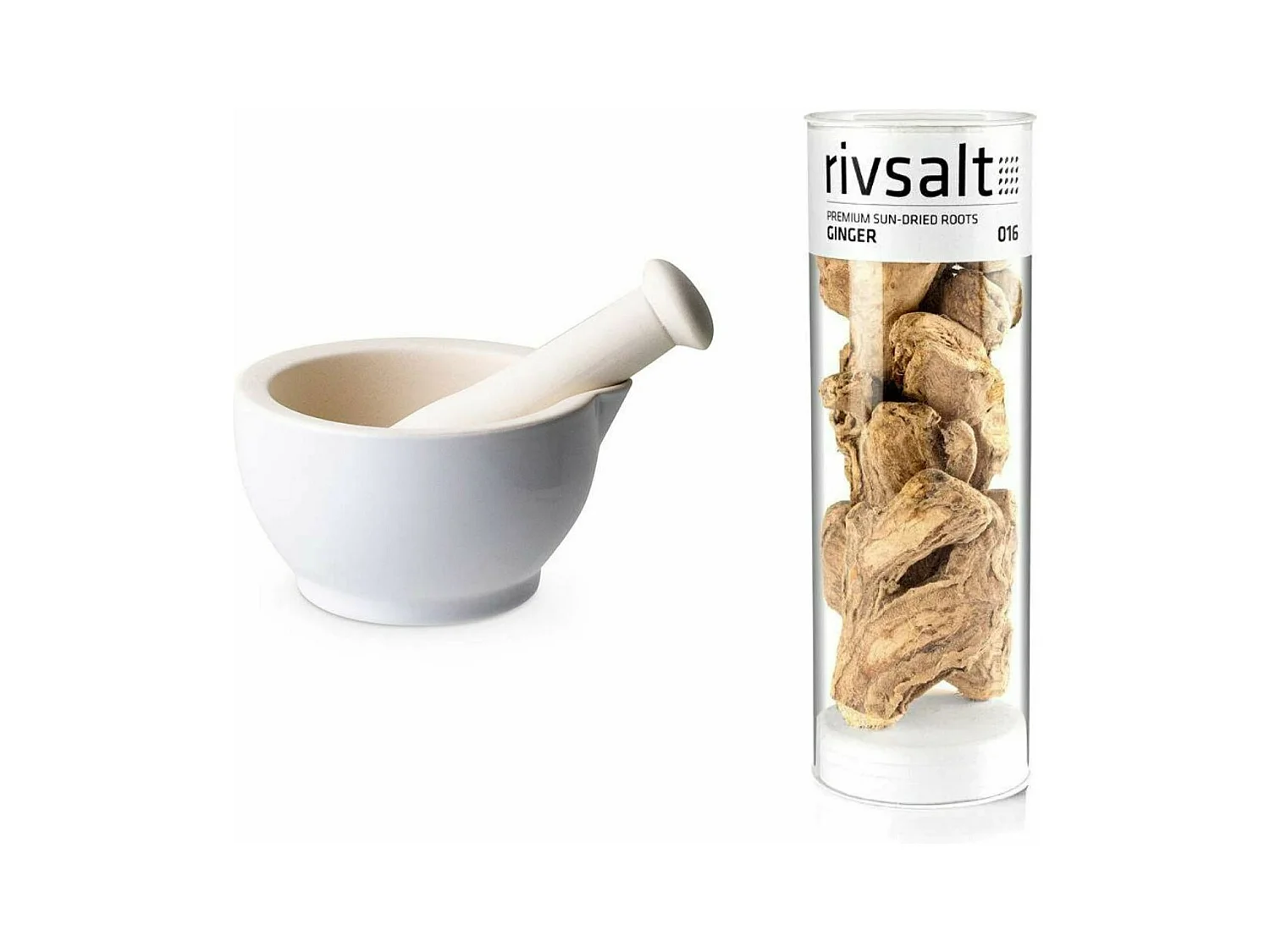 Mortier et pilon en grès blanc + Rhizome de gingembre - 50 g