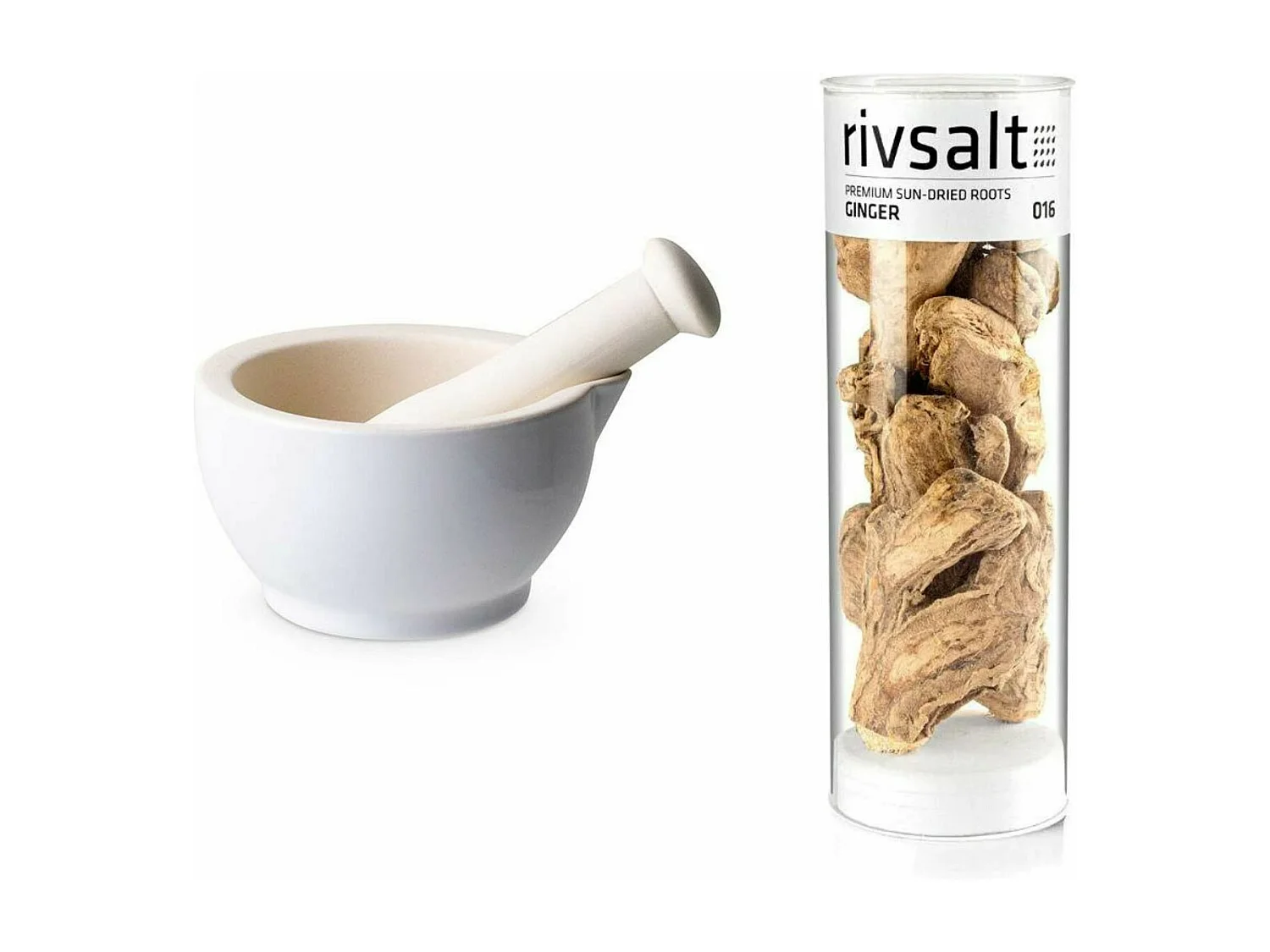 Mortier et pilon en grès blanc + Rhizome de gingembre - 50 g