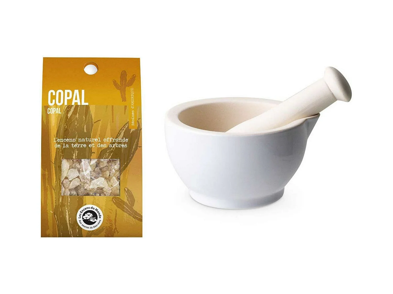 Mortier et pilon en grès blanc + résine de Copal