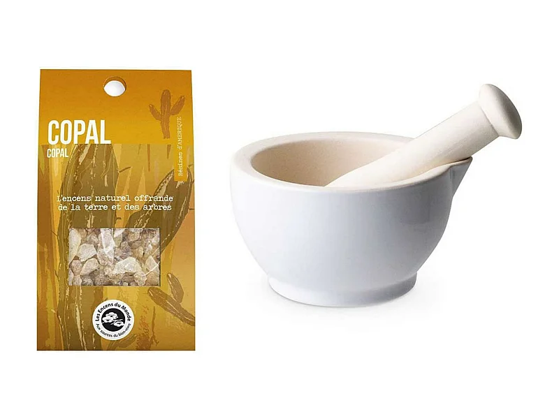 Mortier et pilon en grès blanc + résine de Copal