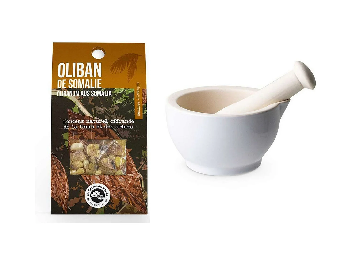Witte steengoed vijzel en stamper + Somali olibanumhars