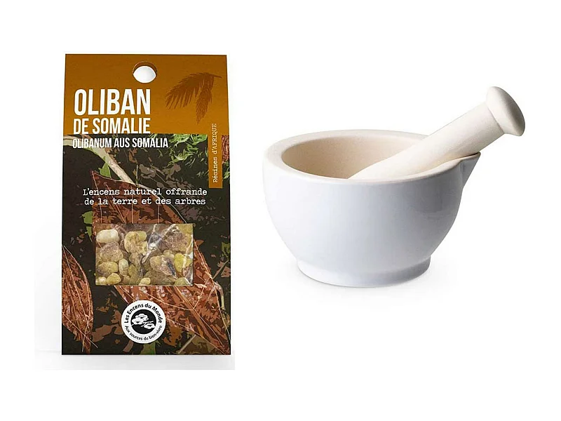 Mortier et pilon en grès blanc + Résine d'Oliban de Somalie