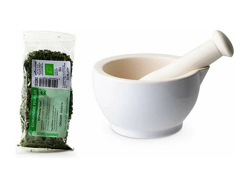Mortier et pilon en grès blanc + Feuilles de Coriandre bio - 15 g