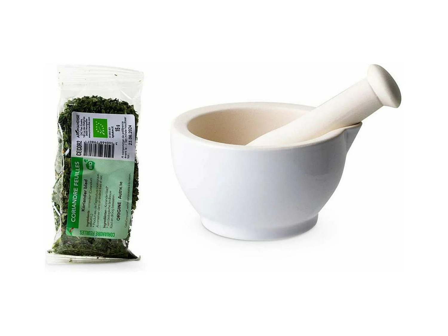 Mortier et pilon en grès blanc + Feuilles de Coriandre bio - 15 g