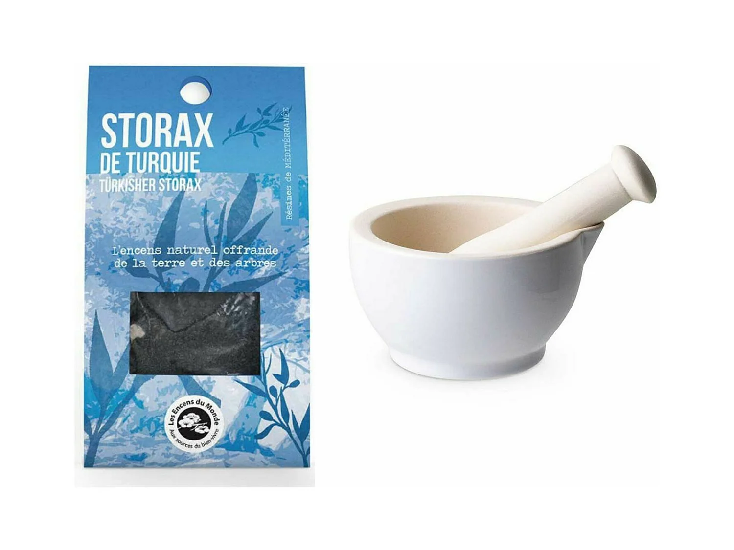 Mortier et pilon en grès blanc + Storax de Turquie