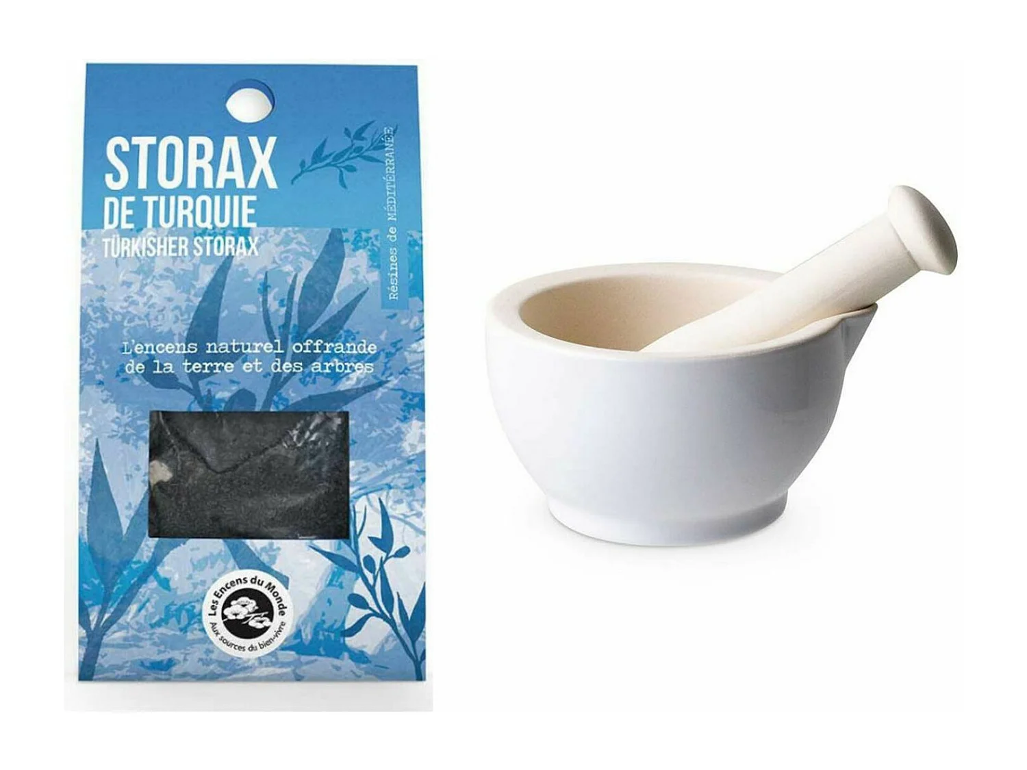 Mortier et pilon en grès blanc + Storax de Turquie
