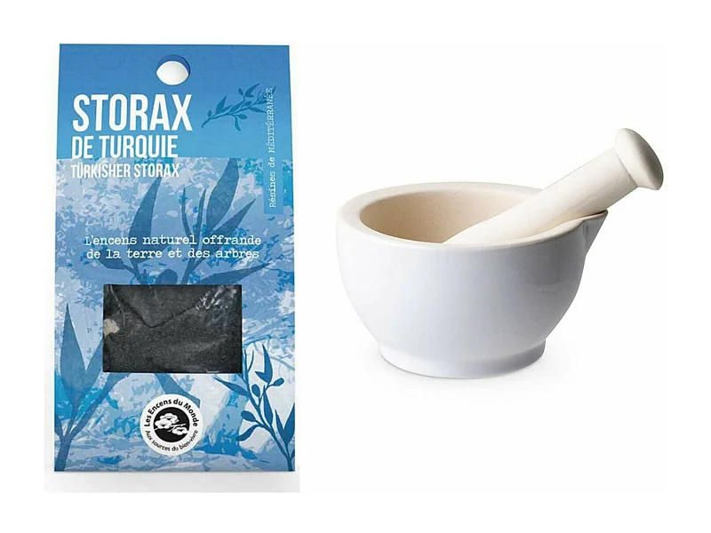 Mortier et pilon en grès blanc + Storax de Turquie