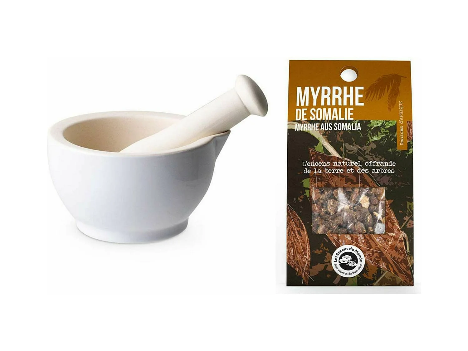 Mortier et pilon en grès blanc + résine de Myrrhe de Somalie