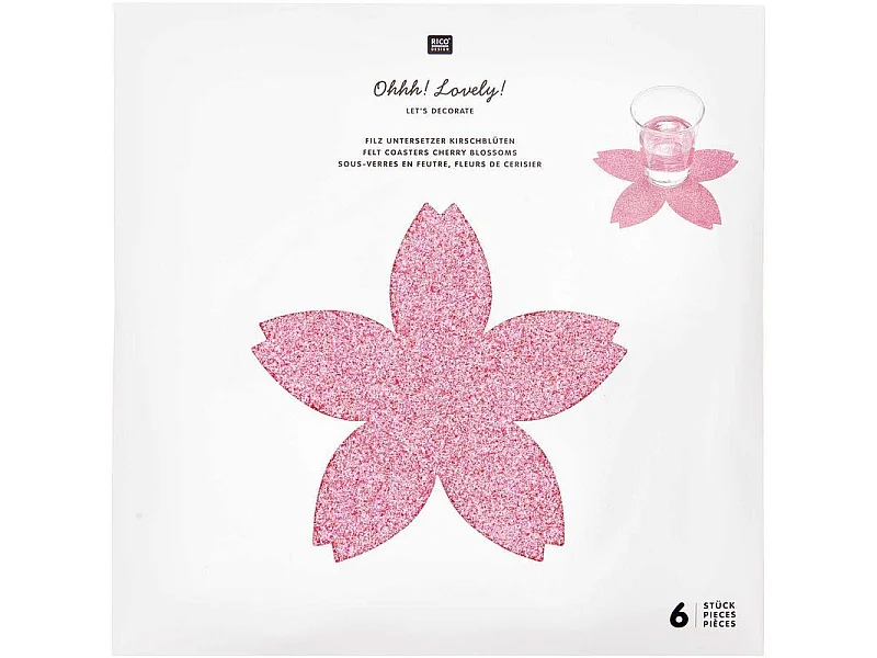 6 sous-verres fleurs de cerisier à paillettes, en feutrine, 19 x 19 cm