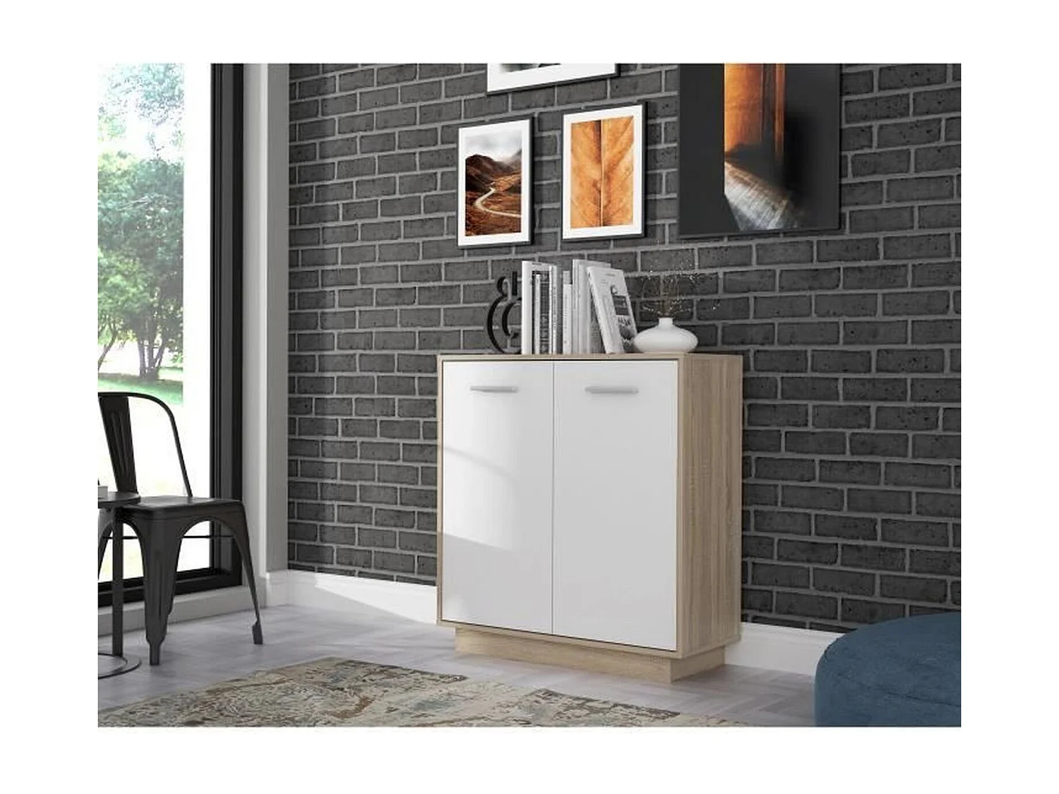 Kleines Sideboard mit 2 Türen – Weiß und SonomaEiche – 82,9 x 34,2 x 88,1 cm