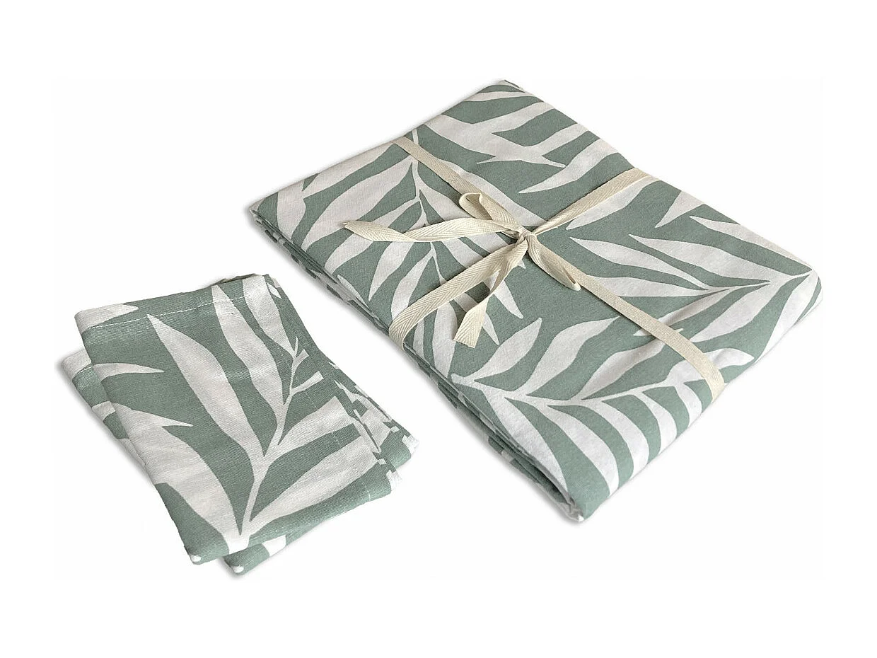 Lot nappe carrée + 2 serviettes de table déperlante feuillage 140x140cm VERA
