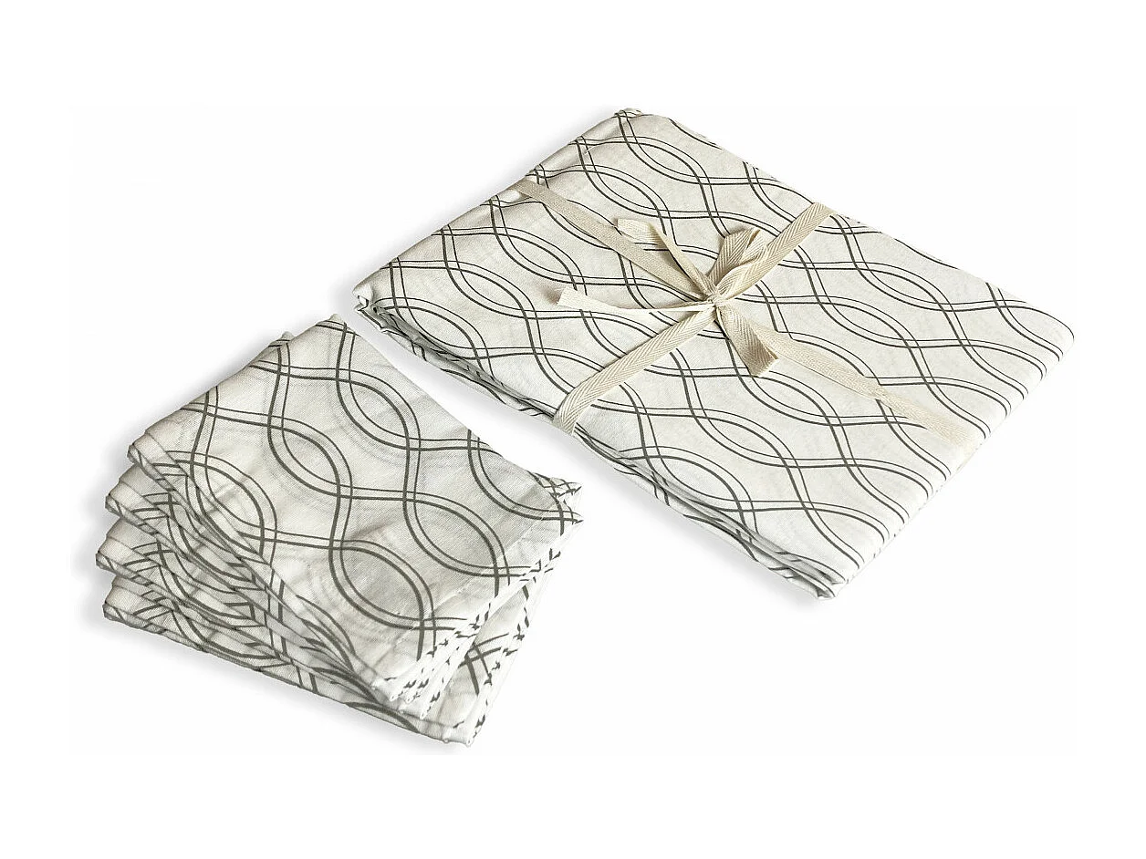 Lot nappe rectangle + 4 serviettes de table déperlante géométrique 140x240cm VOGUE