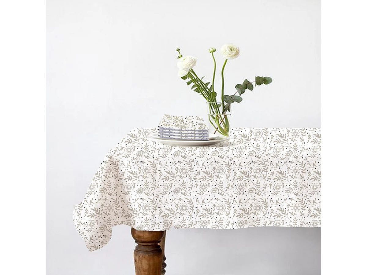 Lot nappe rectangle + 4 serviettes de table déperlante floral 140x240cm VERONE