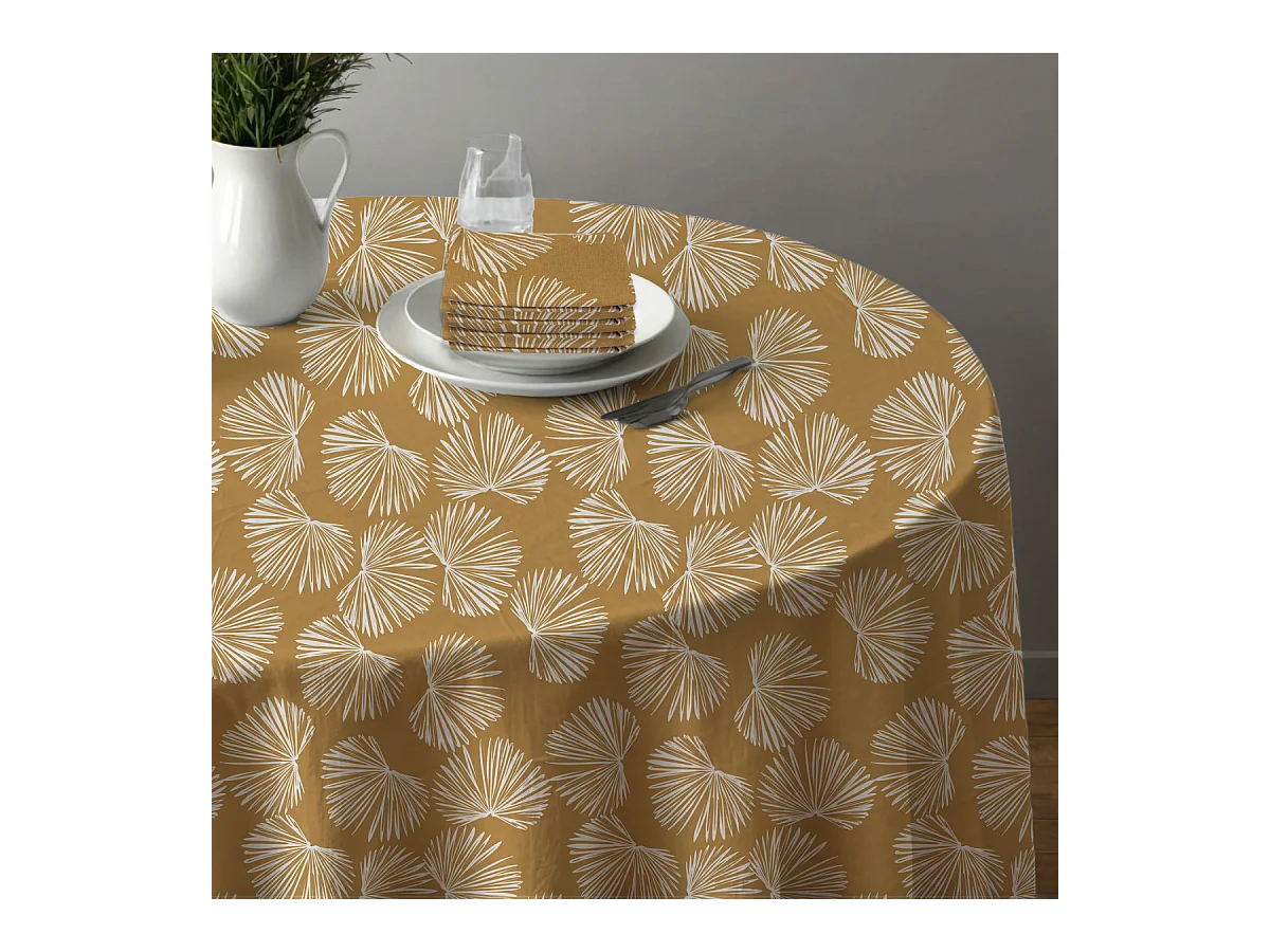 Lot nappe ronde + 4 serviettes de table déperlante champêtre 180x180cm VIRGINIE