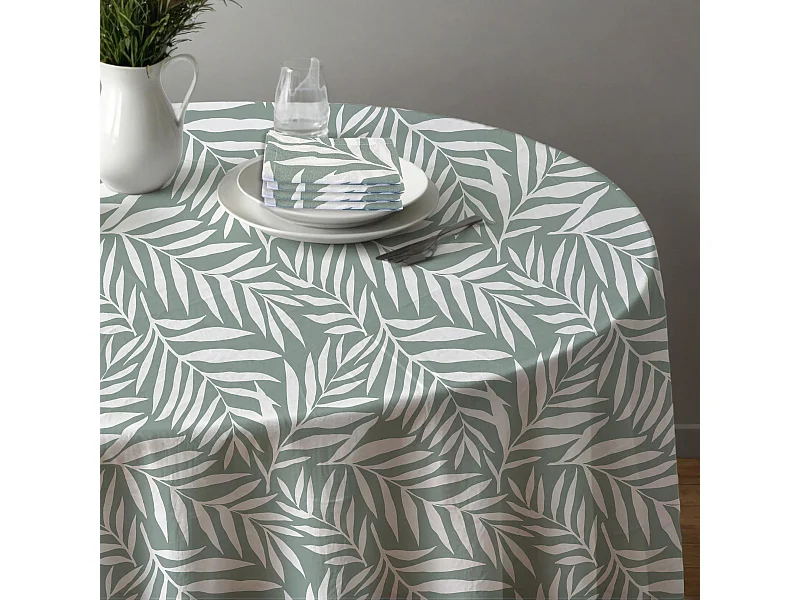 Lot nappe ronde + 4 serviettes de table déperlante feuillage 180x180cm VERA