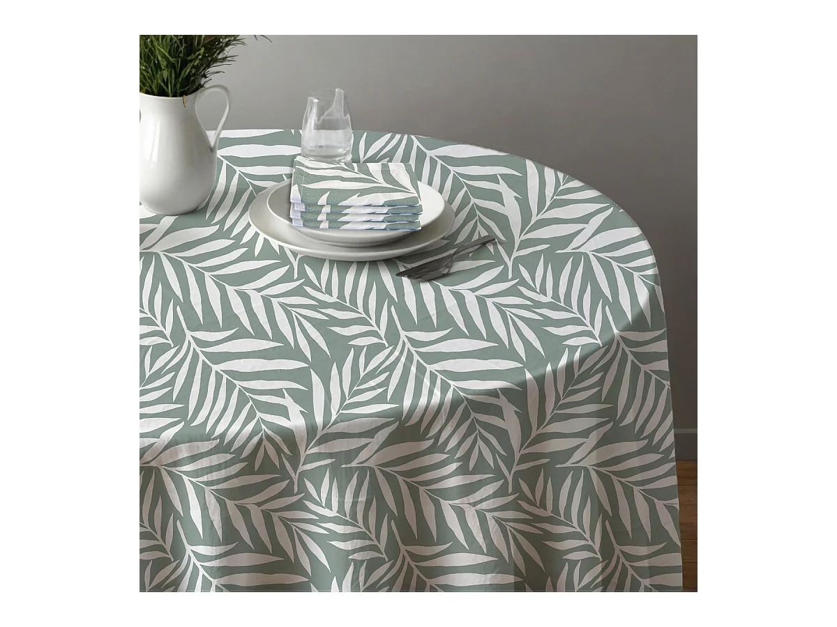 Lot nappe ronde + 4 serviettes de table déperlante feuillage 180x180cm VERA