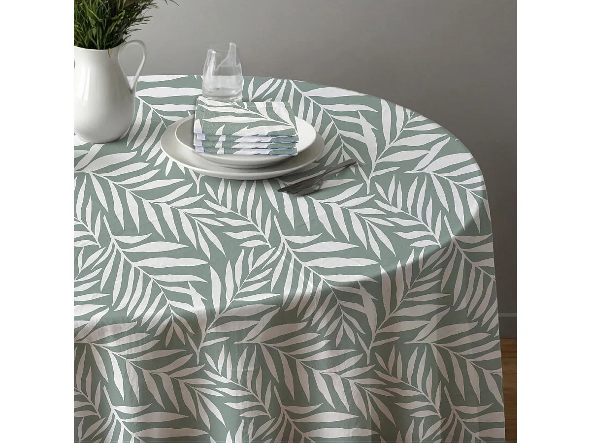 Lot nappe ronde + 4 serviettes de table déperlante feuillage 180x180cm VERA