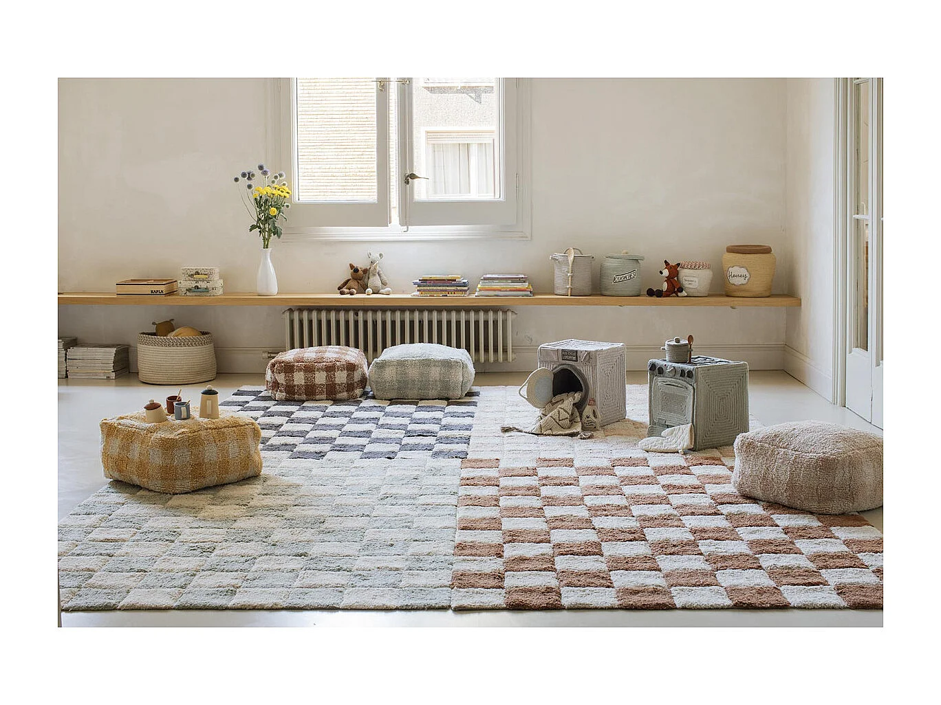 Alfombra ajedrez verde salvia y beige 120 x 160 cm