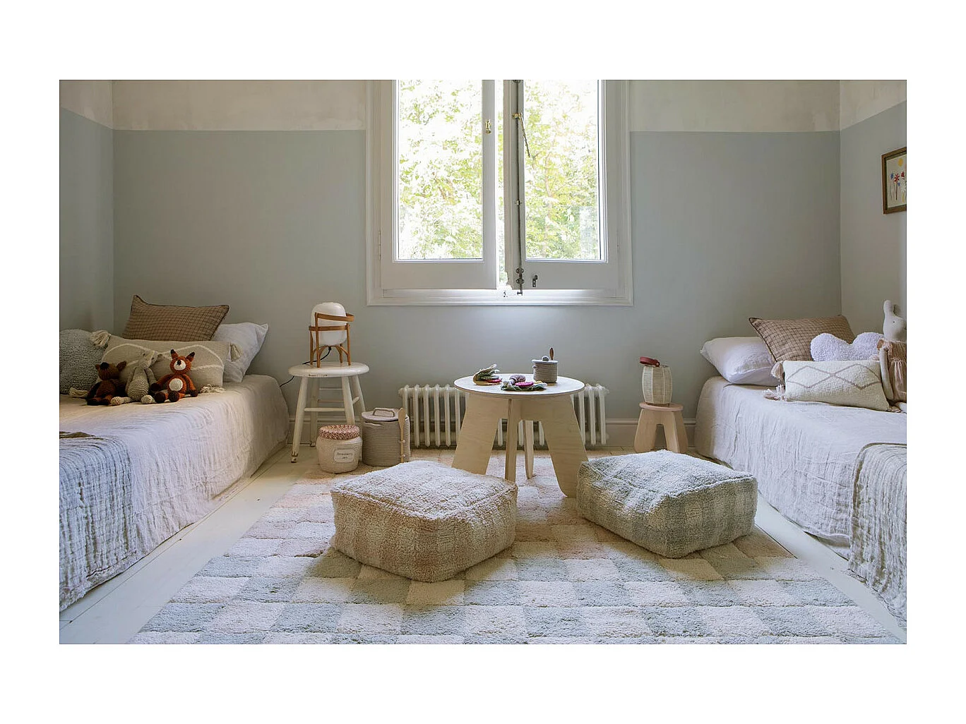 Alfombra ajedrez verde salvia y beige 120 x 160 cm