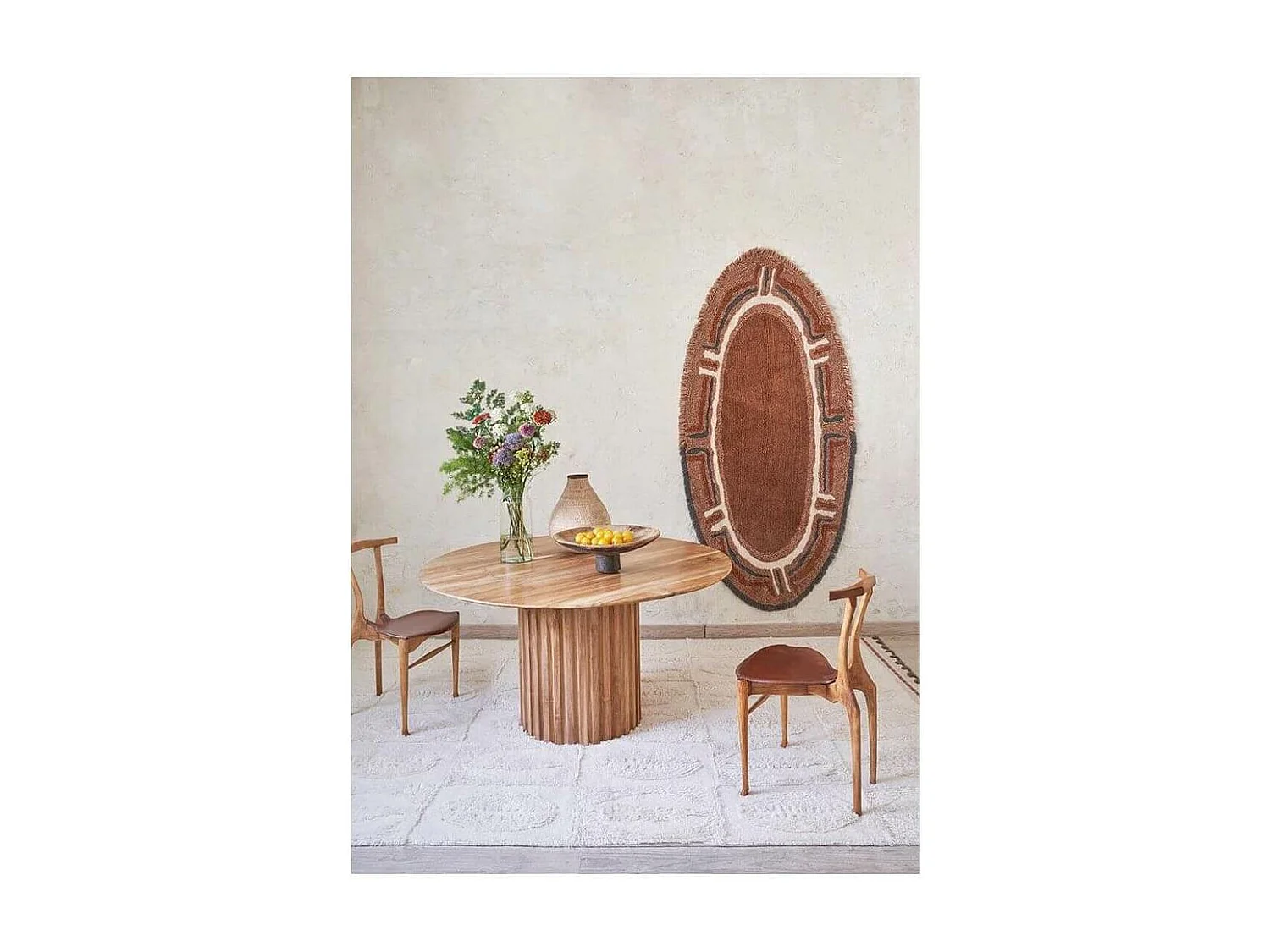 Tapis marron en laine lavable en machine ethnique Karibu Ovale Design Fait main Tapis lava