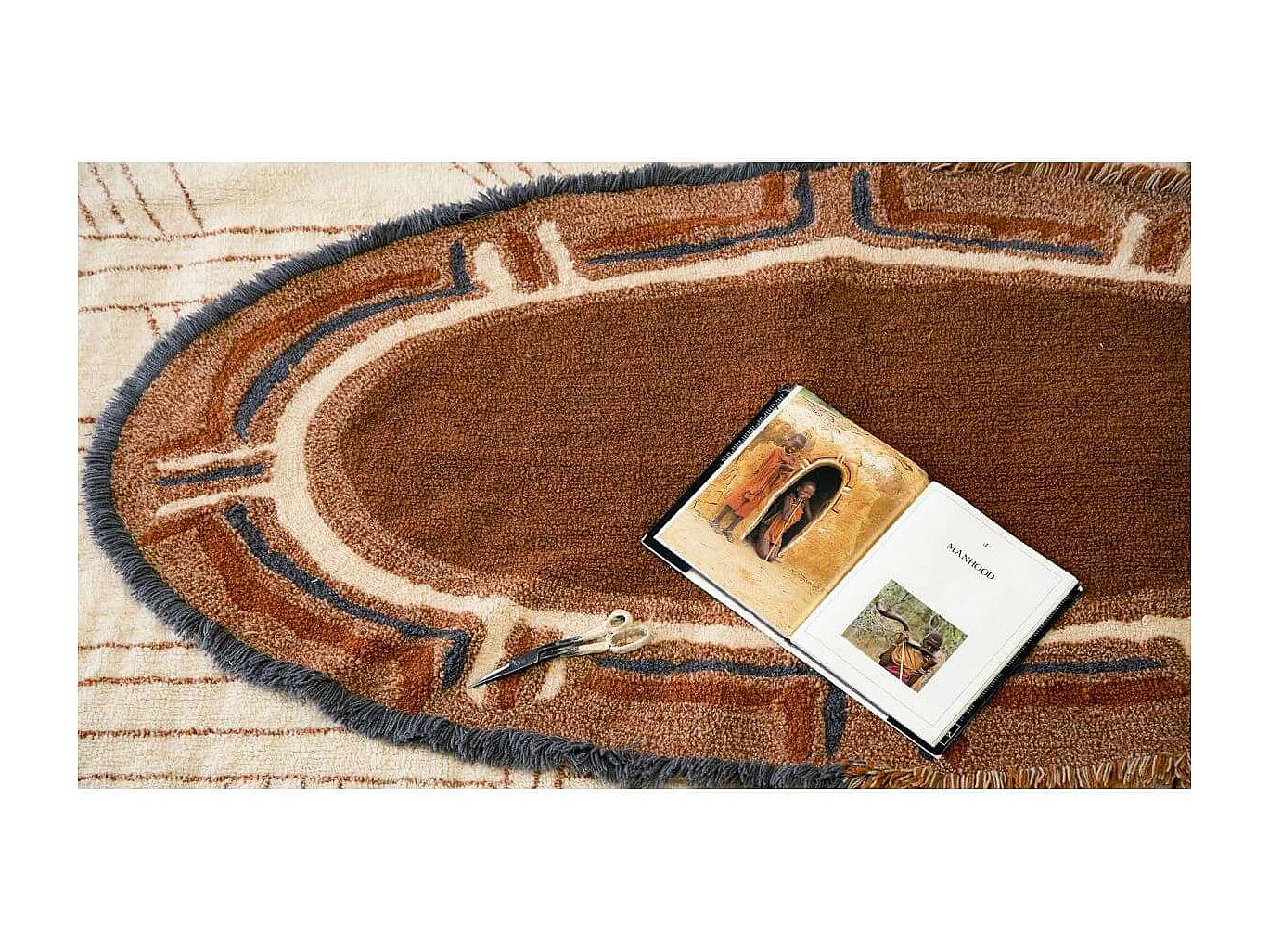 Tapis marron en laine lavable en machine ethnique Karibu Ovale Design Fait main Tapis lava