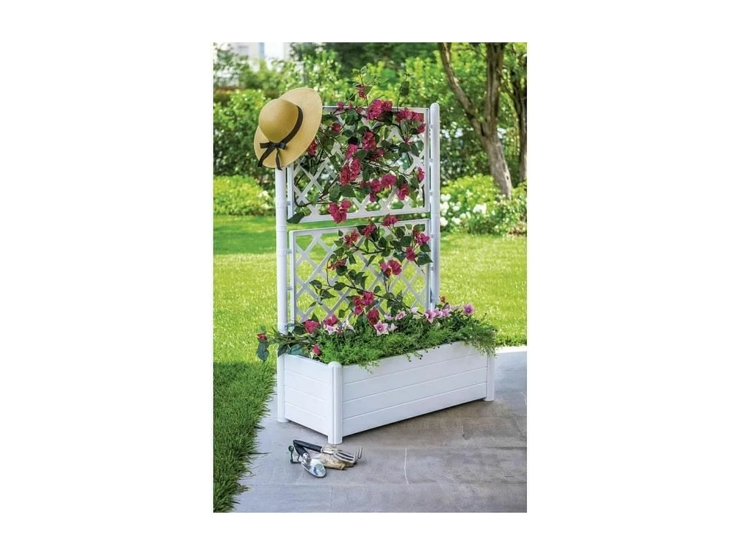 Rechteckiger Blumenkasten mit Gitter – Holzoberfläche – 100 x 43 x 142 cm – 80 L – Weiß