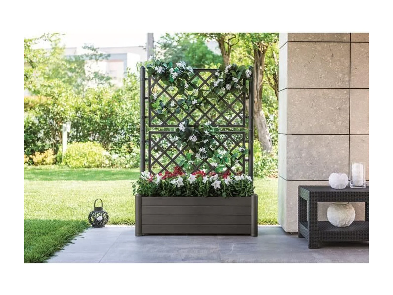 Rechteckiger Pflanzkasten mit Spalier – Holzoptik – 100 x 43 x 142 cm – 80 l – Graphit