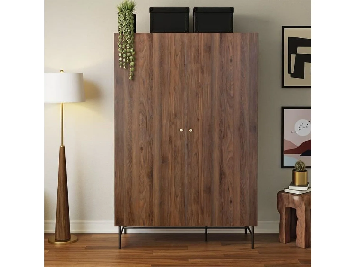 Armario LODGE de 2 puertas en madera y metal - Nogal - 126 x 50 x 190