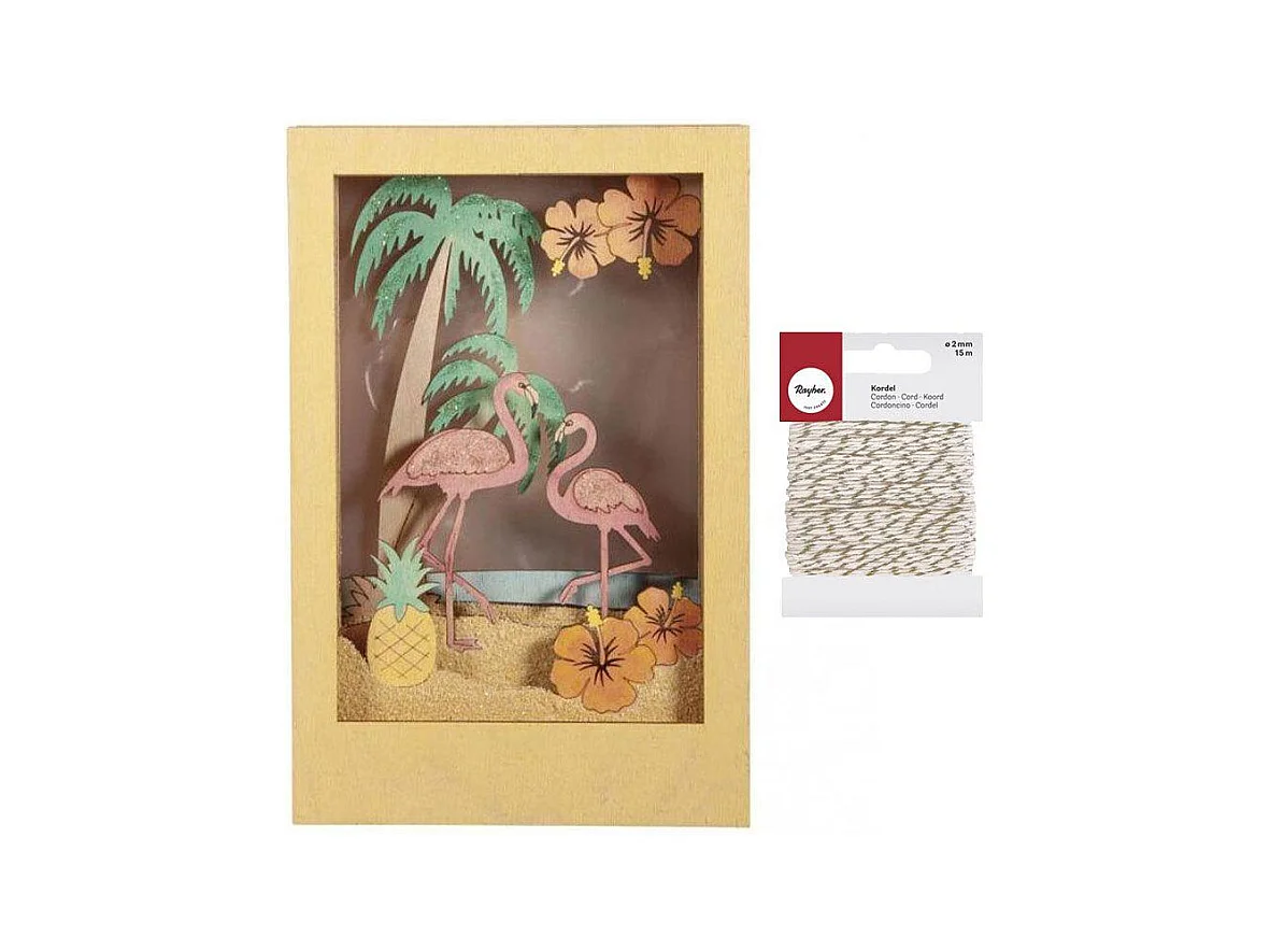 Dekorativer Holzrahmen mit 3DMuster 20 x 30 x 6,7 cm Flamingo + WeißGolden Schnur 15 m