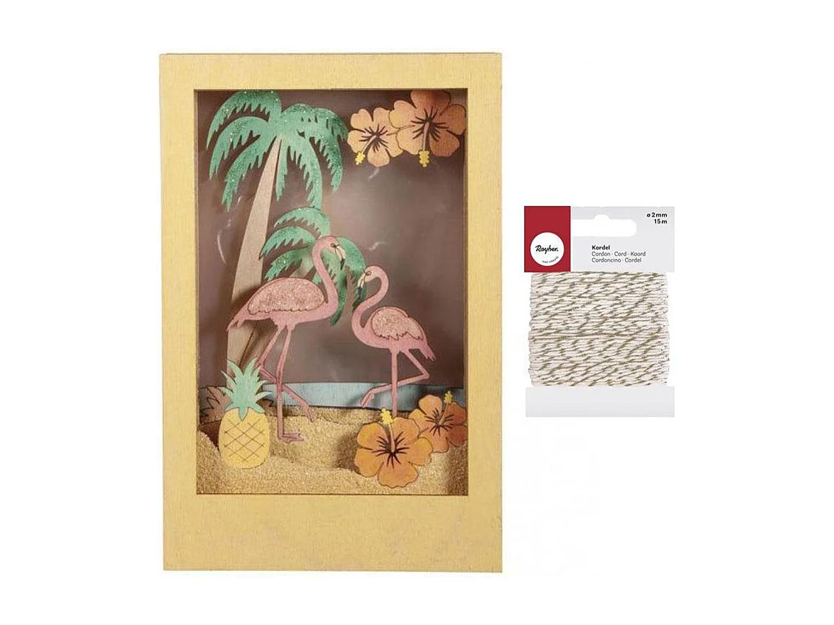 Dekorativer Holzrahmen mit 3DMuster 20 x 30 x 6,7 cm Flamingo + WeißGolden Schnur 15 m